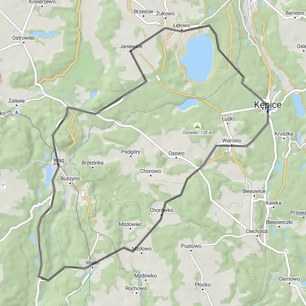 Miniatura mapy "Trasa przez Warcino i Mzdowo" - trasy rowerowej w Pomorskie, Poland. Wygenerowane przez planer tras rowerowych Tarmacs.app