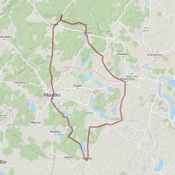 Map miniature of "Fichtenberg to Koczała Gravel Loop" cycling inspiration in Pomorskie, Poland. Generated by Tarmacs.app cycling route planner