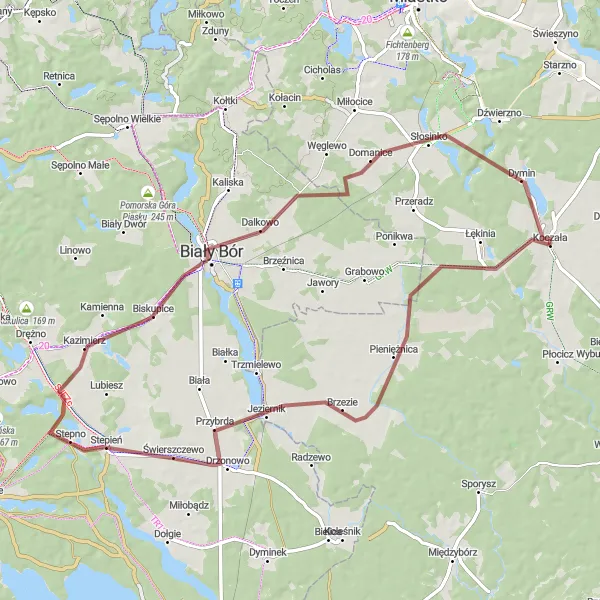 Map miniature of "Pieniężnica-Drzonowo-Biały Bór-Słosinko-Koczała Gravel Cycling Route" cycling inspiration in Pomorskie, Poland. Generated by Tarmacs.app cycling route planner