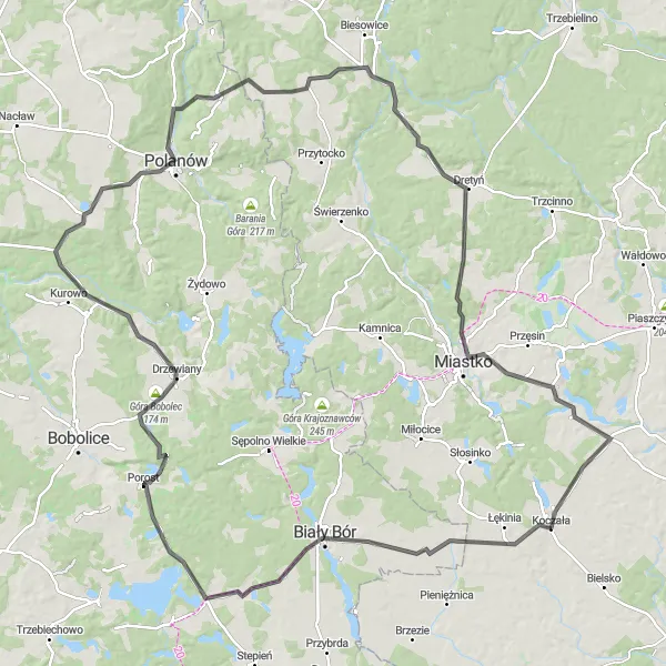 Map miniature of "Biały Bór-Kukulica-Porost-Góra Bobolec-Polanów-Miastko-Starzno-Koczała Road Cycling Route" cycling inspiration in Pomorskie, Poland. Generated by Tarmacs.app cycling route planner