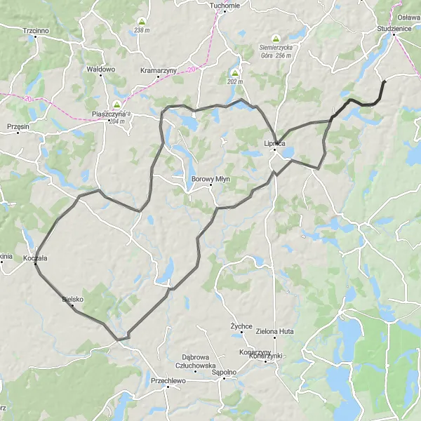 Map miniature of "Koczała to Zapceń Loop" cycling inspiration in Pomorskie, Poland. Generated by Tarmacs.app cycling route planner