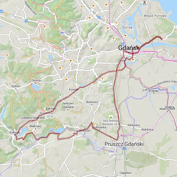 Miniatura mapy "Trasa Gravelowa wokół Kolbud" - trasy rowerowej w Pomorskie, Poland. Wygenerowane przez planer tras rowerowych Tarmacs.app