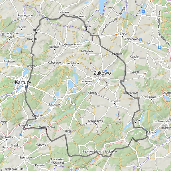 Map miniature of "Kolbudy to Wyczechowo-Osady Loop" cycling inspiration in Pomorskie, Poland. Generated by Tarmacs.app cycling route planner