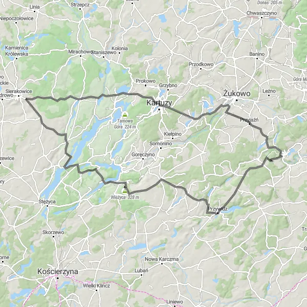 Map miniature of "Challenging Road Cycling: Kolbudy to Łapino Kartuskie" cycling inspiration in Pomorskie, Poland. Generated by Tarmacs.app cycling route planner