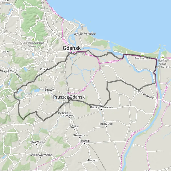 Map miniature of "Discover Kolbudy and Surroundings" cycling inspiration in Pomorskie, Poland. Generated by Tarmacs.app cycling route planner