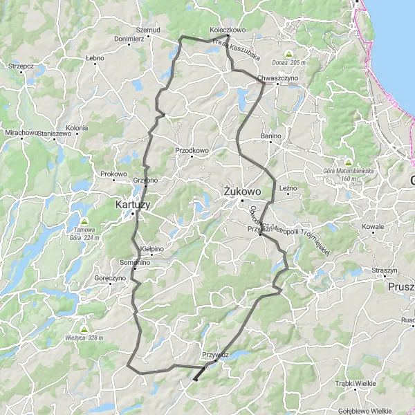 Map miniature of "Road Cycling Adventure through Miszewo" cycling inspiration in Pomorskie, Poland. Generated by Tarmacs.app cycling route planner