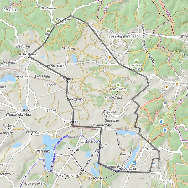 Map miniature of "Countryside Ride to Krzyżowa Góra" cycling inspiration in Pomorskie, Poland. Generated by Tarmacs.app cycling route planner