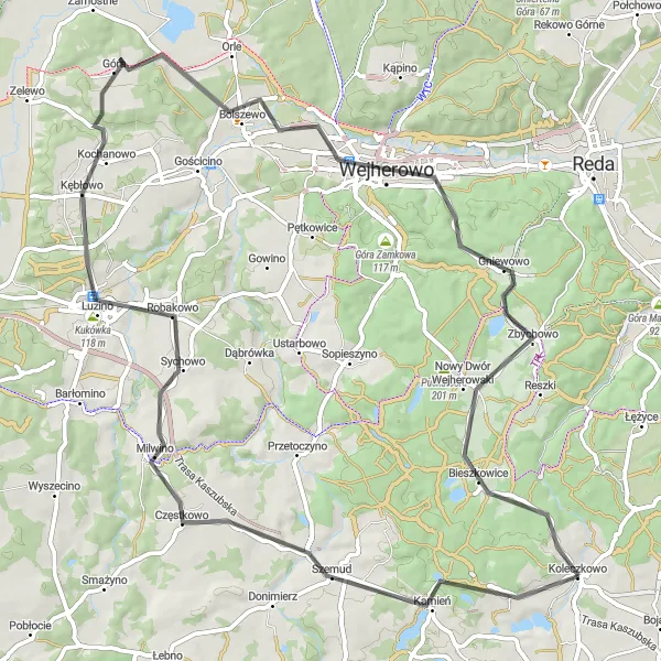 Map miniature of "Exploring Wejherowo" cycling inspiration in Pomorskie, Poland. Generated by Tarmacs.app cycling route planner