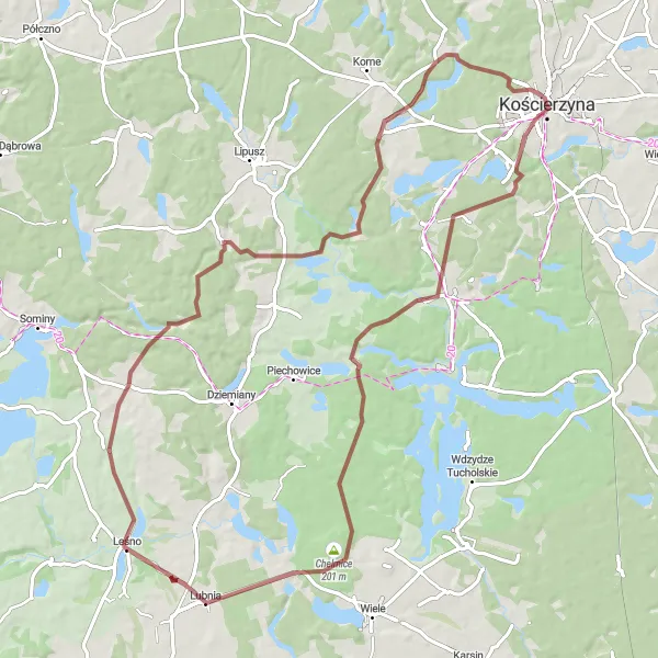 Miniatura mapy "Rowerowy wypad z Kościerzyny do Chełmic, Lubni, Trzebuń i Łubiany" - trasy rowerowej w Pomorskie, Poland. Wygenerowane przez planer tras rowerowych Tarmacs.app