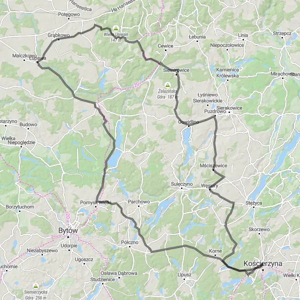 Map miniature of "Kościerzyna Loop" cycling inspiration in Pomorskie, Poland. Generated by Tarmacs.app cycling route planner