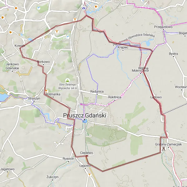 Map miniature of "Explorative Gravel Adventure" cycling inspiration in Pomorskie, Poland. Generated by Tarmacs.app cycling route planner