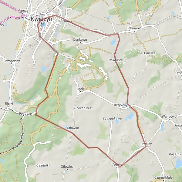 Map miniature of "Scenic Gravel Ride Near Kwidzyn" cycling inspiration in Pomorskie, Poland. Generated by Tarmacs.app cycling route planner