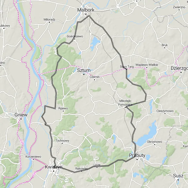 Map miniature of "Kwidzyn to Prabuty Loop" cycling inspiration in Pomorskie, Poland. Generated by Tarmacs.app cycling route planner