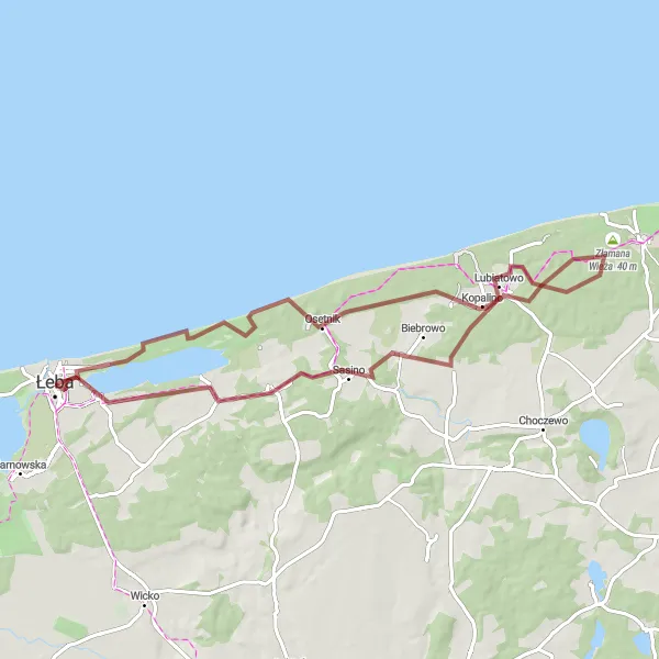 Map miniature of "Off the Beaten Path Gravel Adventure" cycling inspiration in Pomorskie, Poland. Generated by Tarmacs.app cycling route planner