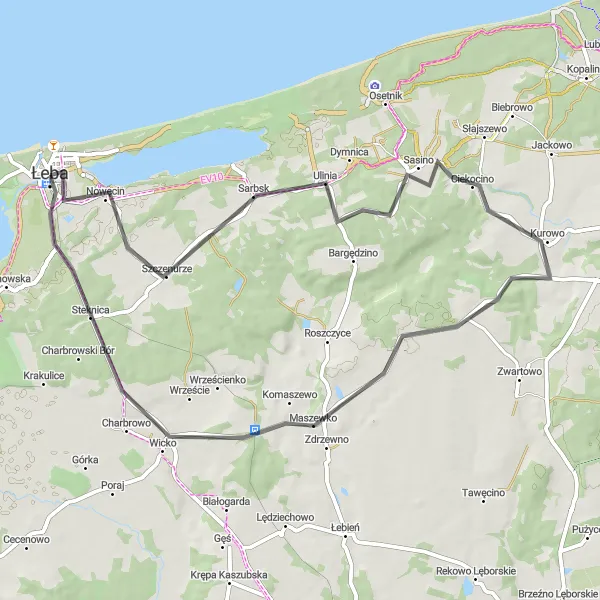 Map miniature of "Łeba-Sarbsk-Sasino-Maszewko-Wicko-Łeba" cycling inspiration in Pomorskie, Poland. Generated by Tarmacs.app cycling route planner