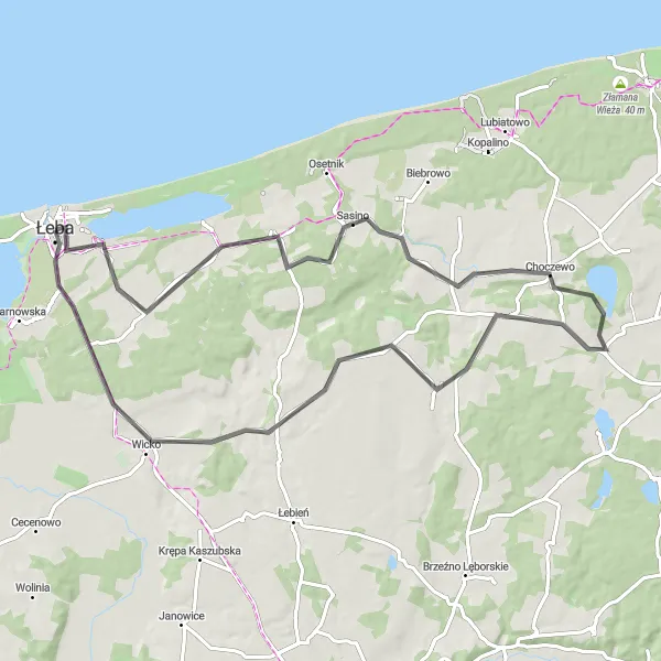 Map miniature of "Łeba-Sarbsk-Sasino-Słajkowo-Wicko-Łeba" cycling inspiration in Pomorskie, Poland. Generated by Tarmacs.app cycling route planner