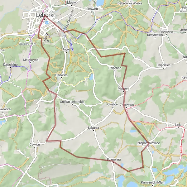 Map miniature of "Góra Dziechna Adventure" cycling inspiration in Pomorskie, Poland. Generated by Tarmacs.app cycling route planner