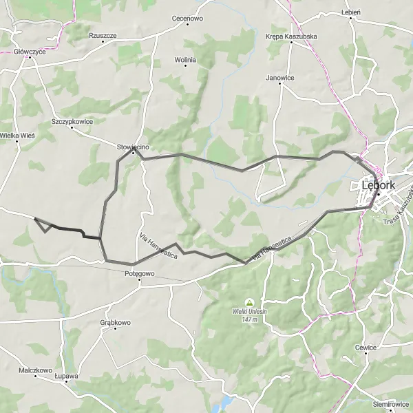 Map miniature of "Lębork and its Surroundings" cycling inspiration in Pomorskie, Poland. Generated by Tarmacs.app cycling route planner