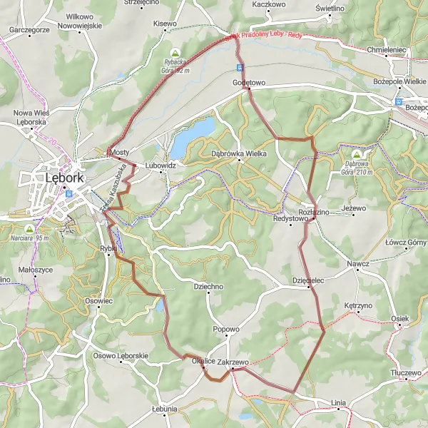 Miniatura mapy "Trasa Gravelowa do Godętowa i Rybackiej Góry" - trasy rowerowej w Pomorskie, Poland. Wygenerowane przez planer tras rowerowych Tarmacs.app