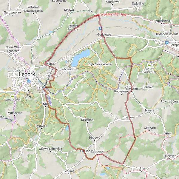 Map miniature of "Łęczyce Gravel Cycling Route" cycling inspiration in Pomorskie, Poland. Generated by Tarmacs.app cycling route planner