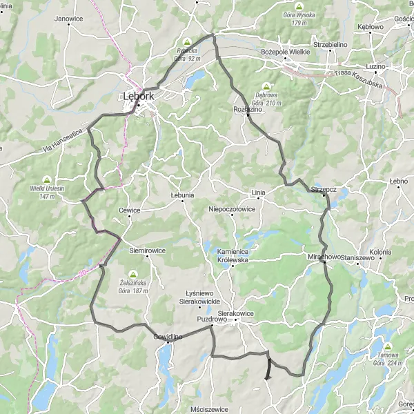 Map miniature of "Łęczyce Road Cycling Adventure" cycling inspiration in Pomorskie, Poland. Generated by Tarmacs.app cycling route planner