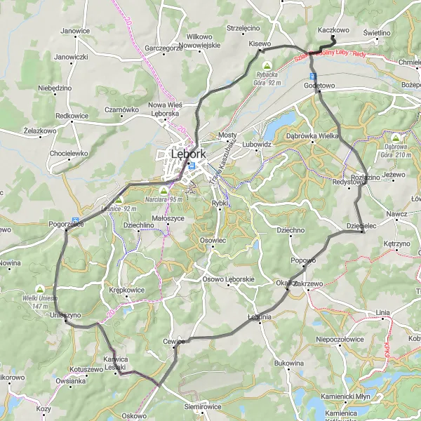Map miniature of "Hills and Heritage" cycling inspiration in Pomorskie, Poland. Generated by Tarmacs.app cycling route planner