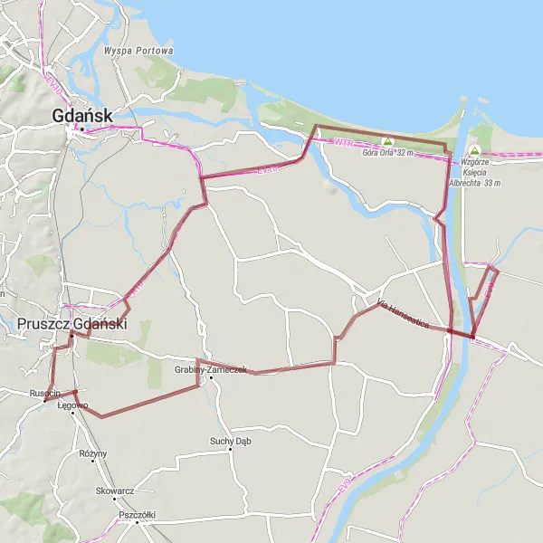Map miniature of "Gravel Serenity: Exploring Łęgowo and its Surroundings" cycling inspiration in Pomorskie, Poland. Generated by Tarmacs.app cycling route planner