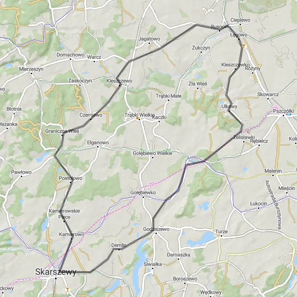 Map miniature of "Scenic Road Cycling near Łęgowo" cycling inspiration in Pomorskie, Poland. Generated by Tarmacs.app cycling route planner