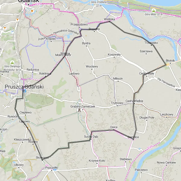 Map miniature of "Rural Road Cycling Escape" cycling inspiration in Pomorskie, Poland. Generated by Tarmacs.app cycling route planner