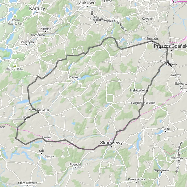 Map miniature of "Road to Marszewo: Hills and Scenic Landscapes near Łęgowo" cycling inspiration in Pomorskie, Poland. Generated by Tarmacs.app cycling route planner