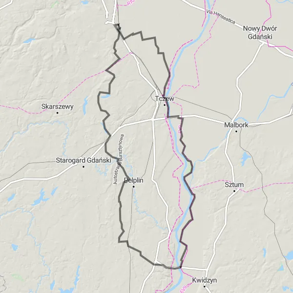 Map miniature of "Around Łęgowo: Road Adventure" cycling inspiration in Pomorskie, Poland. Generated by Tarmacs.app cycling route planner