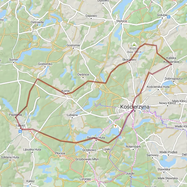 Map miniature of "Korne-Lipusz Gravel Adventure" cycling inspiration in Pomorskie, Poland. Generated by Tarmacs.app cycling route planner