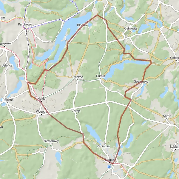 Map miniature of "Nakla Gravel Loop" cycling inspiration in Pomorskie, Poland. Generated by Tarmacs.app cycling route planner