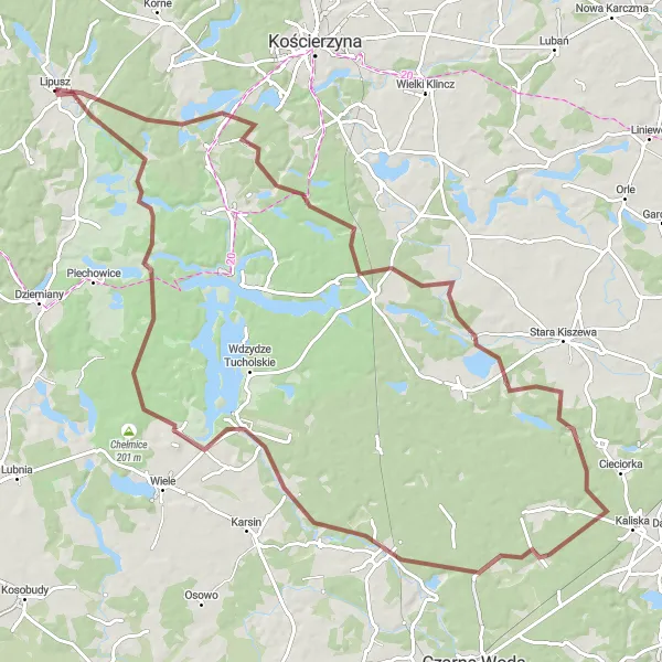 Map miniature of "Lipusz-Leśna Huta Gravel Adventure" cycling inspiration in Pomorskie, Poland. Generated by Tarmacs.app cycling route planner