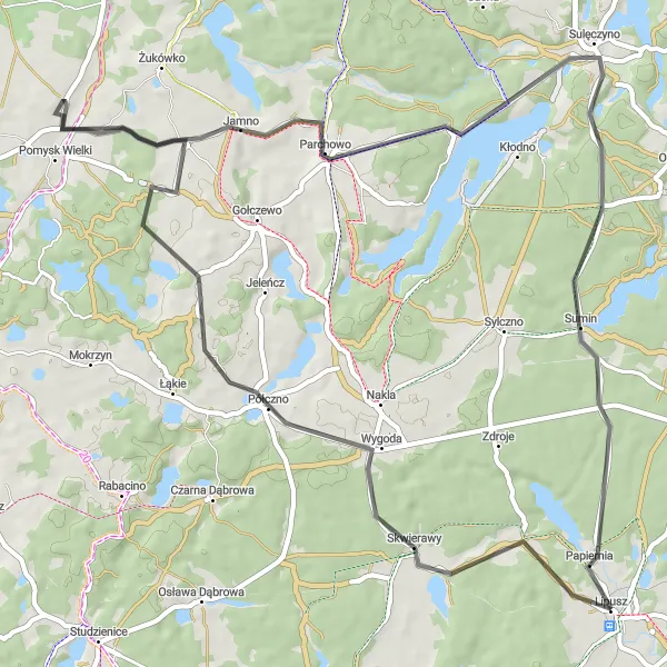 Map miniature of "Półczno-Jezioro Mausz Road Adventure" cycling inspiration in Pomorskie, Poland. Generated by Tarmacs.app cycling route planner
