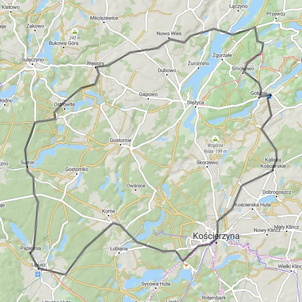 Map miniature of "Węsiory-Kościerzyna-Lipusz Loop" cycling inspiration in Pomorskie, Poland. Generated by Tarmacs.app cycling route planner