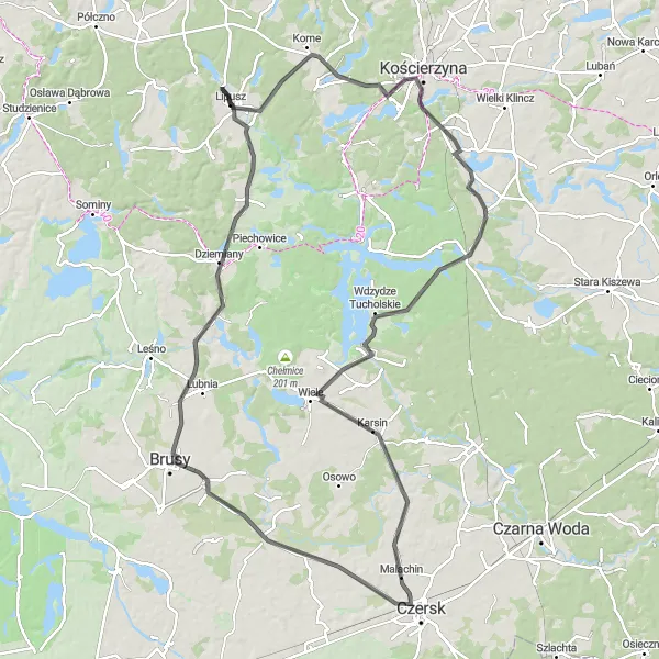 Map miniature of "Kościerzyna Exploration" cycling inspiration in Pomorskie, Poland. Generated by Tarmacs.app cycling route planner