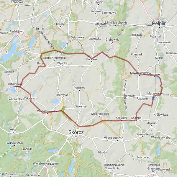 Map miniature of "The Lakeside Journey of Lubichowo" cycling inspiration in Pomorskie, Poland. Generated by Tarmacs.app cycling route planner