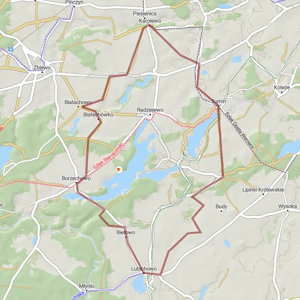 Map miniature of "The Scenic Routes of Lubichowo" cycling inspiration in Pomorskie, Poland. Generated by Tarmacs.app cycling route planner