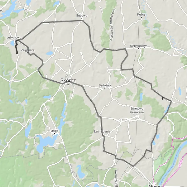 Map miniature of "The Road to Lubichowo" cycling inspiration in Pomorskie, Poland. Generated by Tarmacs.app cycling route planner