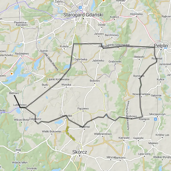 Map miniature of "Zielona Góra Loop" cycling inspiration in Pomorskie, Poland. Generated by Tarmacs.app cycling route planner