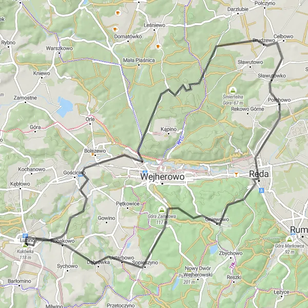 Map miniature of "Luzino Nadleśnictwo Loop" cycling inspiration in Pomorskie, Poland. Generated by Tarmacs.app cycling route planner