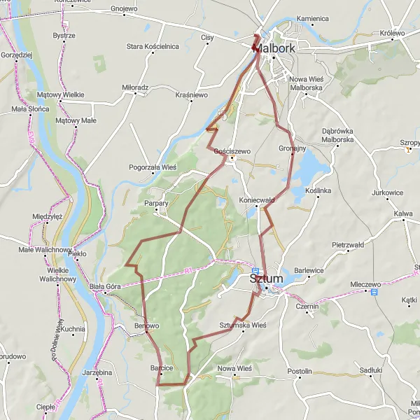 Map miniature of "Gravel Cycling Adventure to Barcice" cycling inspiration in Pomorskie, Poland. Generated by Tarmacs.app cycling route planner