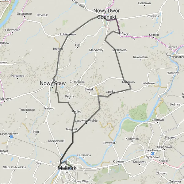 Miniatura mapy "Rowerem do Malborka przez Nowy Staw i Kmiecin" - trasy rowerowej w Pomorskie, Poland. Wygenerowane przez planer tras rowerowych Tarmacs.app