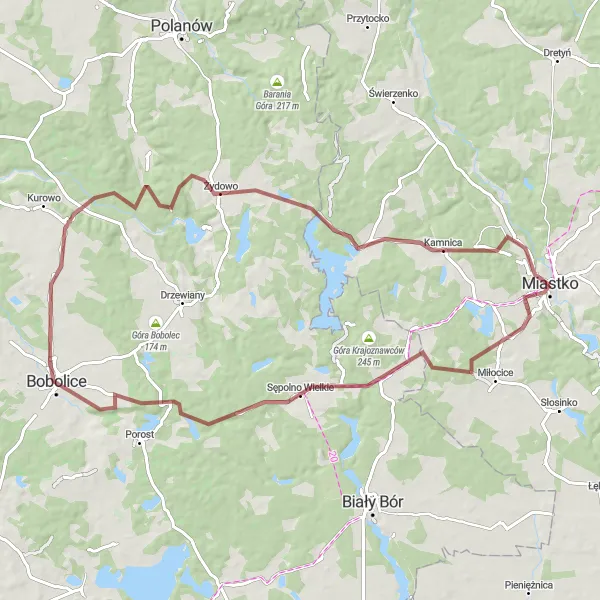 Map miniature of "Gravel Expedition: Bobolice and Cybulino" cycling inspiration in Pomorskie, Poland. Generated by Tarmacs.app cycling route planner