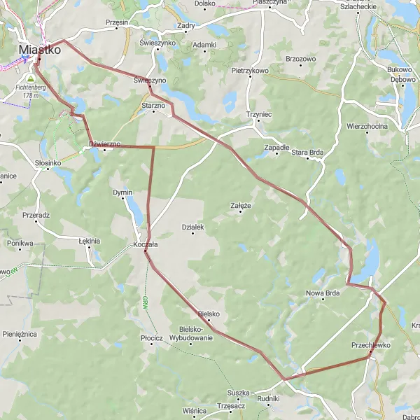 Map miniature of "Starzno Gravel Loop" cycling inspiration in Pomorskie, Poland. Generated by Tarmacs.app cycling route planner