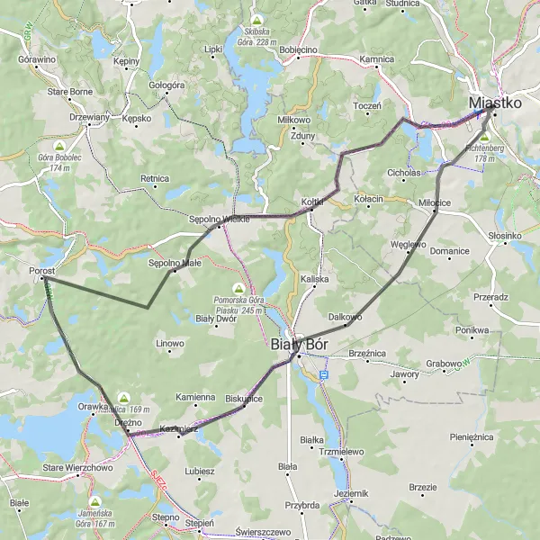 Map miniature of "Miastko-Fichtenberg-Porost" cycling inspiration in Pomorskie, Poland. Generated by Tarmacs.app cycling route planner