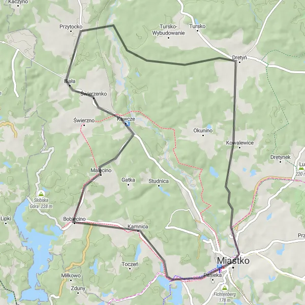 Map miniature of "Miastko Round-Trip: Through Świerzenko and Dretyń" cycling inspiration in Pomorskie, Poland. Generated by Tarmacs.app cycling route planner