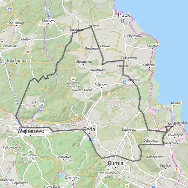 Map miniature of "Mosty Countryside Tour" cycling inspiration in Pomorskie, Poland. Generated by Tarmacs.app cycling route planner