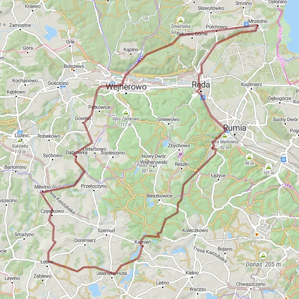 Map miniature of "Mrzezino Gravel Adventure" cycling inspiration in Pomorskie, Poland. Generated by Tarmacs.app cycling route planner